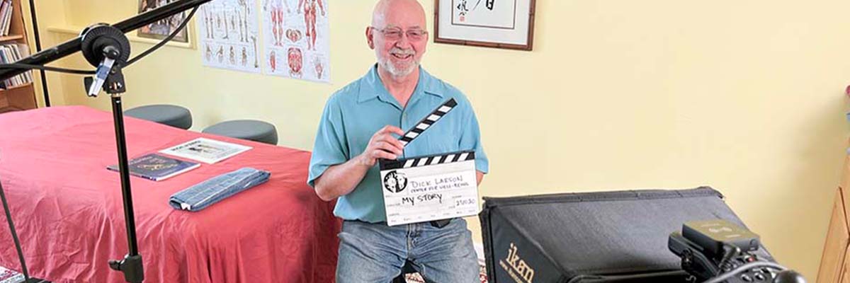 Behind-the-scenes photo of a filming project featuring a local business owner with a teleprompter Colorado Springs by JBCM