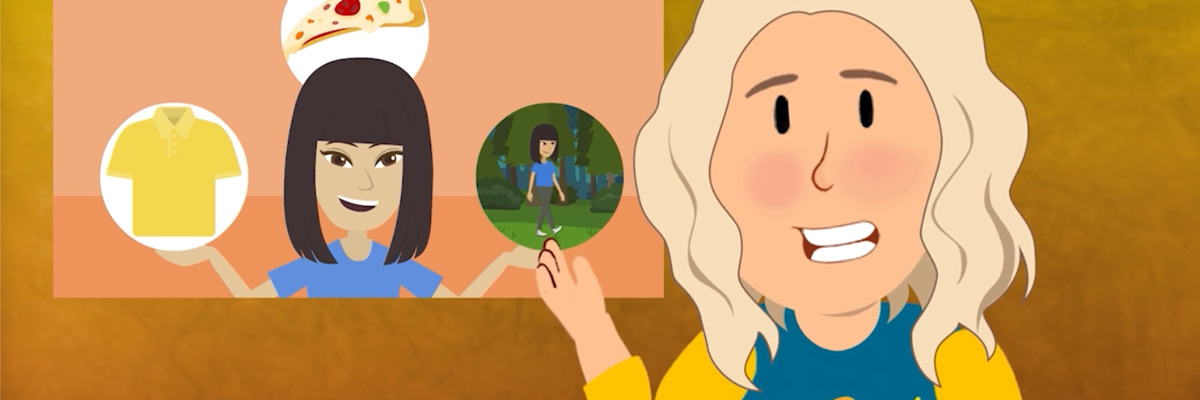 Screenshot of video of animated character talking to camera with a graphic over her right shoulder